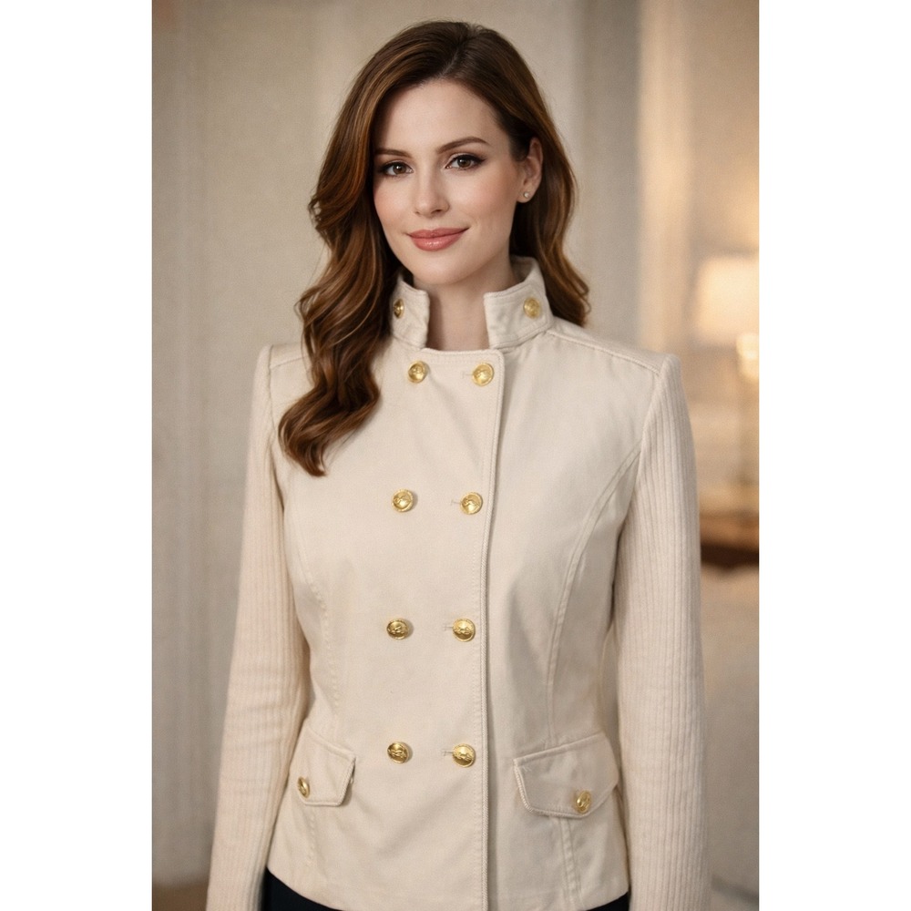 ST JOHN SPORT Cream Double Breasted Knit Sleeve Blazer Jacket Wo